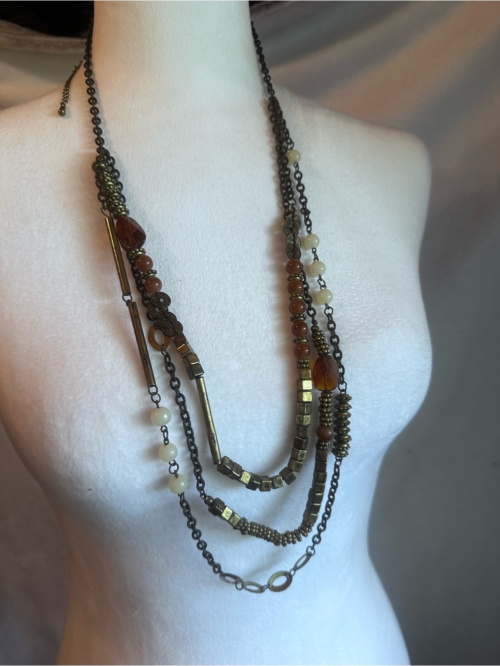 #JC22 Bohemian Multi-Layered Necklace with Brown and Gold Accents - Length 17”